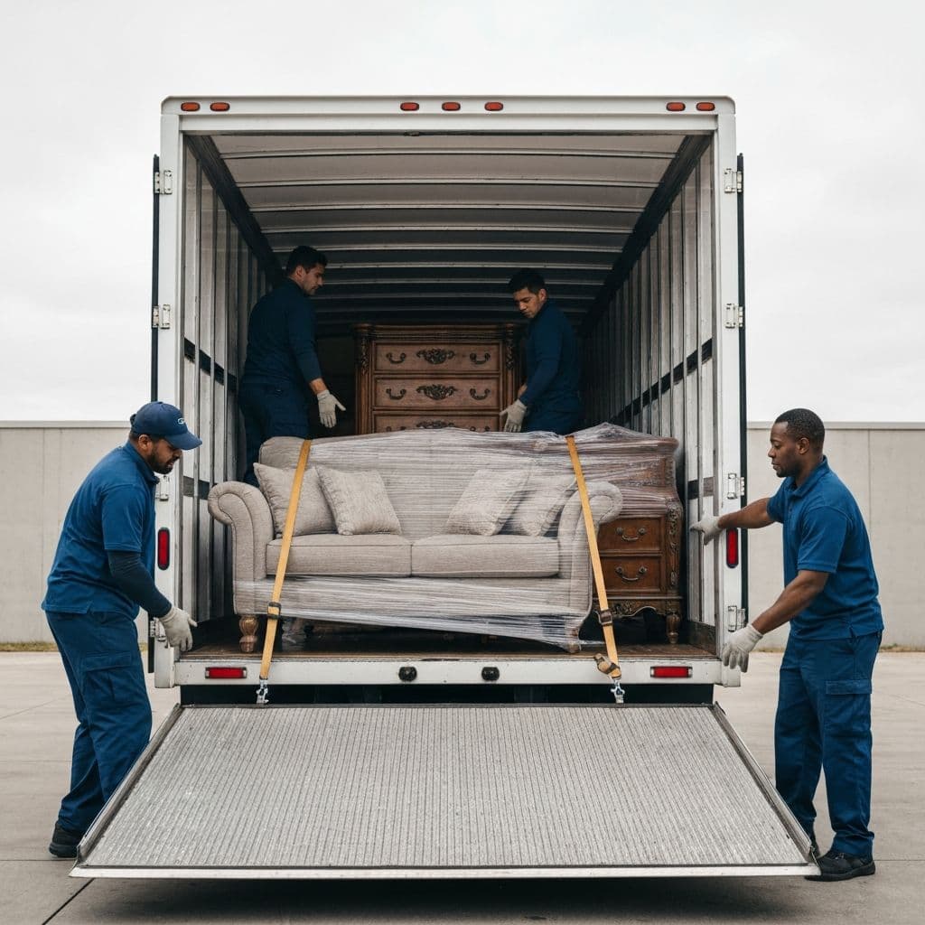 Fleet of MoveSafe Relocation branded trucks at company depot