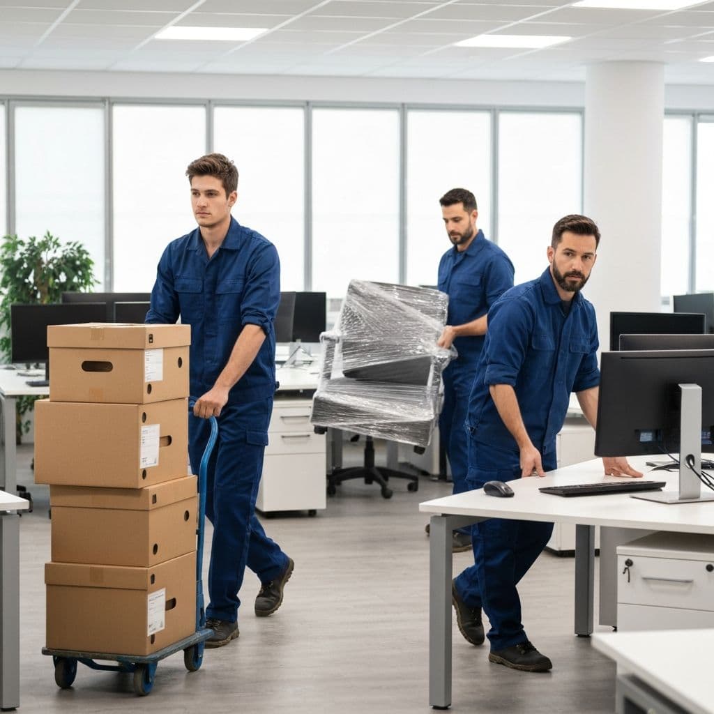 Commercial movers relocating office furniture and equipment during a business move