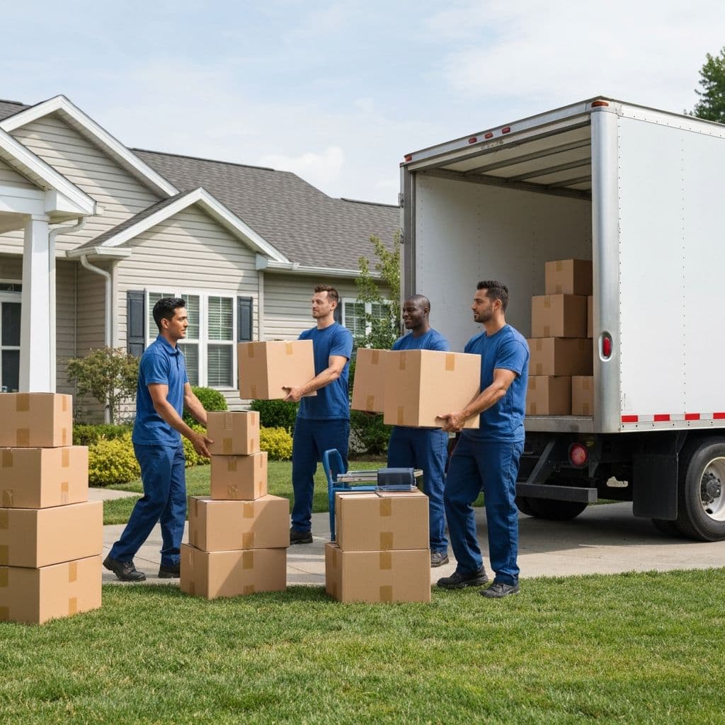 MoveSafe movers in blue uniforms loading furniture for local move
