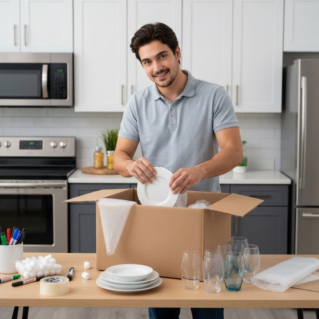 MoveSafe professional in blue uniform carefully packing fragile items