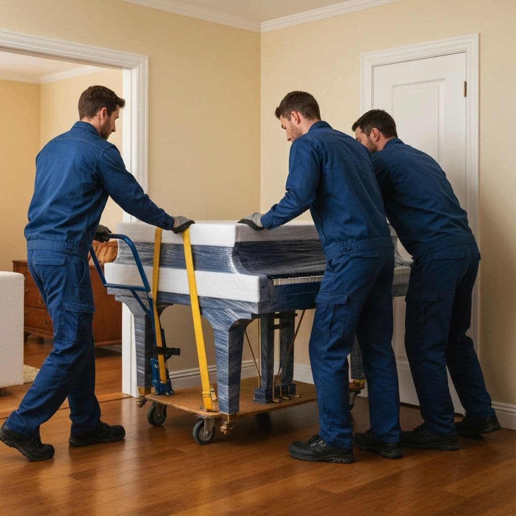 Professional movers carefully handling specialty items with protective wrapping