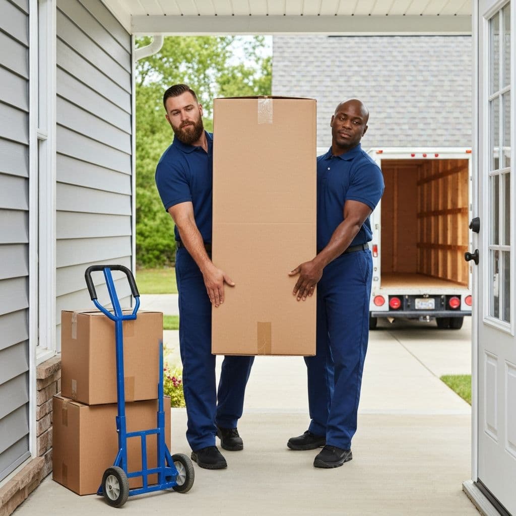 MoveSafe movers in blue uniforms helping family with residential move