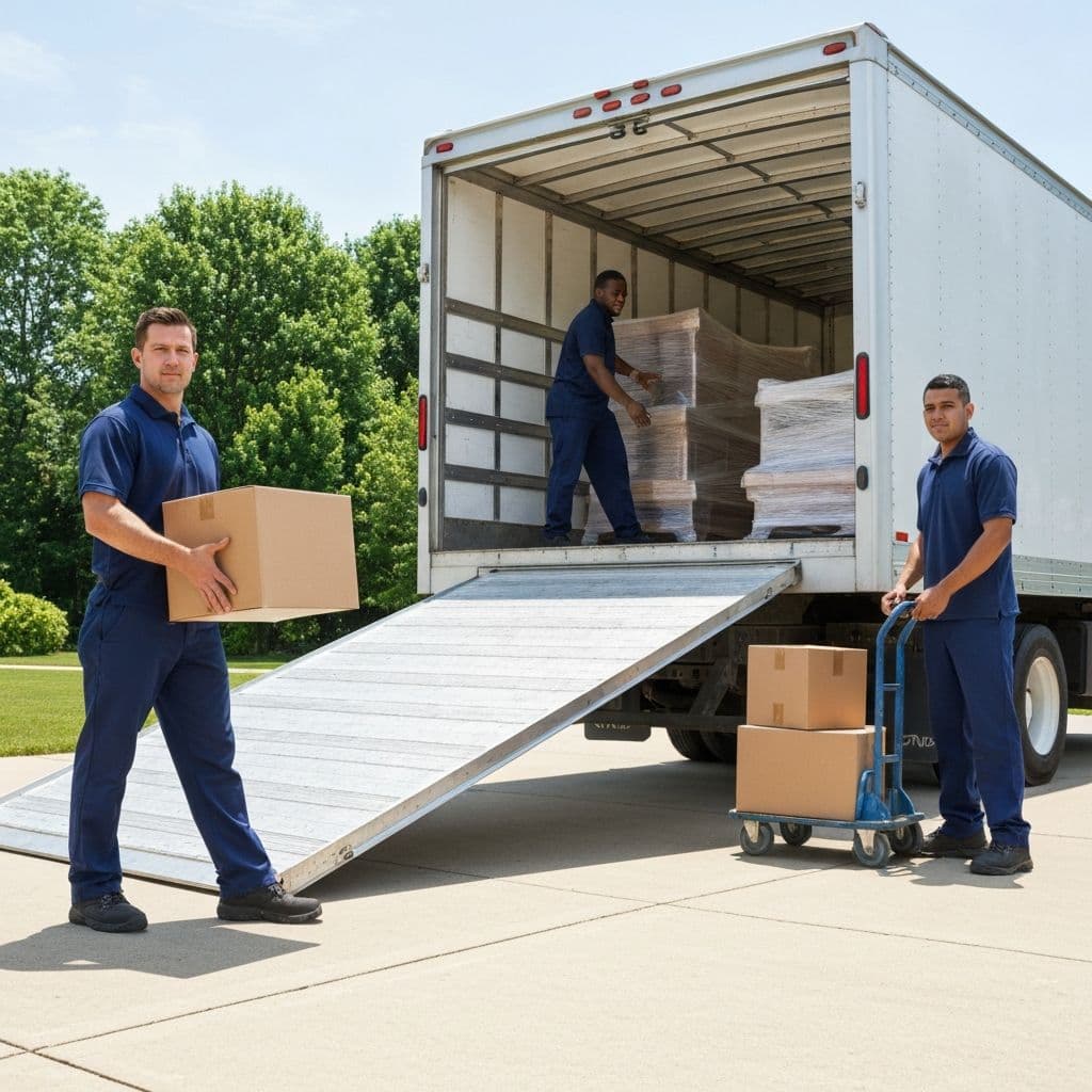 MoveSafe Relocation team in blue uniforms loading furniture into branded truck