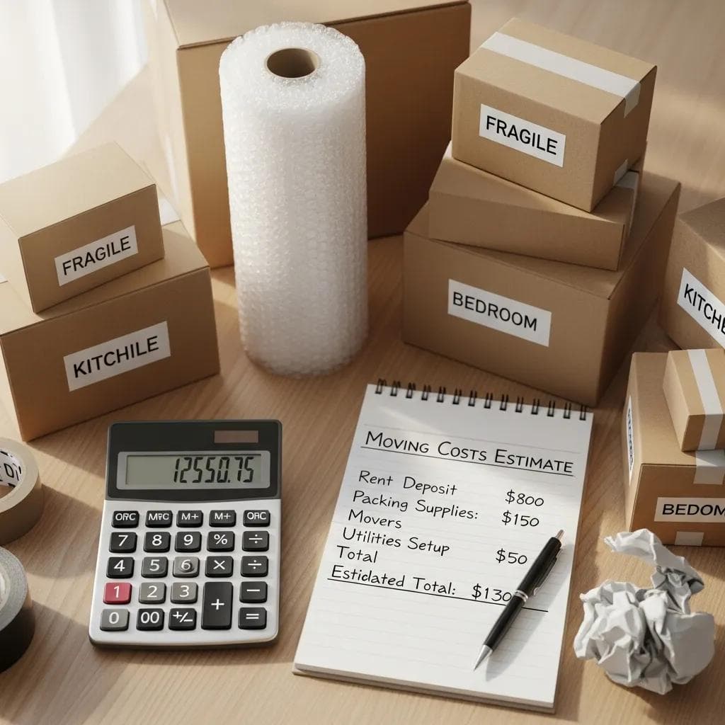 calculator-and-moving-cost-estimates-on-a-notepad-with-packing-materials